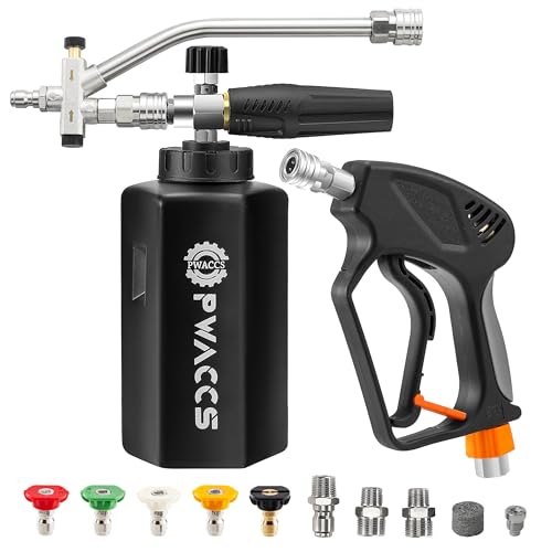 PWACCS Dual Foam Cannon with Pressure Washer Short Gun, Foam Cannon Dual Connector Accessory, Car Wash Foam Gun Kit with 1/10.2 cm Quick Connector, 5 Power Washer Sprayer Nozzles, 1.5 Liter, 5000 PSI von PWACCS