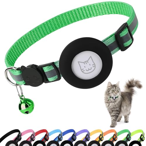 PWOD Airtag Katzenhalsband mit Glöckchen, reflektierendes Nylon-Kätzchenhalsband mit Apple Air-Tag-Halter und Sicherheitsschnalle für Welpen, Mädchen, Jungen, Katzen, 0,95 cm breit und leicht, Grün PWOD Airtag Katzenhalsband mit Glöckchen, reflektierendes Nylon-Kätzchenhalsband mit Apple Air-Tag-Halter und Sicherheitsschnalle für Welpen, Mädchen, Jungen, Katzen, 0,95 cm breit und leicht, Grün von PWOD