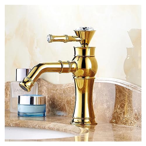 Luxuriöser Waschbecken-Wasserhahn, komplett aus Kupfer, Kalt- und Warmwasser, Einloch-Einhand-Waschtischarmatur, weißer Wasserhahn(Short Golden) von PWQBABJWL