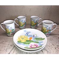 Vintage Seymour Mann Wasser Lilie Tee Kaffeetasse & Snack Dessert Teller 4Er Set von PWSenterprises