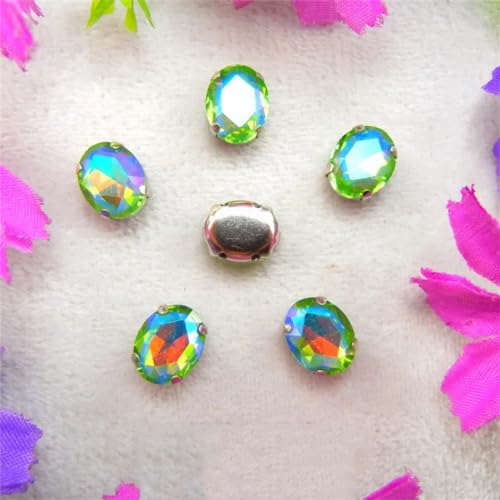 Glaskristalle Strasssteine zum Aufnähen, Silber 7 Größen Mix ovale Form Nähen auf Perlen Strass DIY Trim (8 x 10 mm 50 Stück A29 Peridot AB) von PXAMORTEL