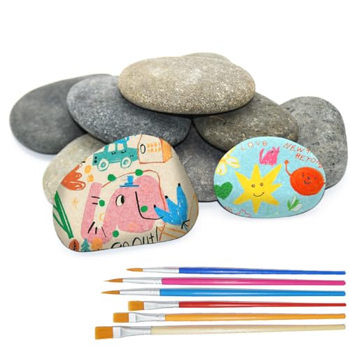 PXBSNB 10 Stück Steine zum Bemalen Flach, 5-8CM Glatte Kieselsteine zum Bemalen, Große Flache Steine zum Bemalen, Dekosteine Naturstein Flussstein für Garten Blumentöpfen Aquarien(mit Malpinsel) von PXBSNB