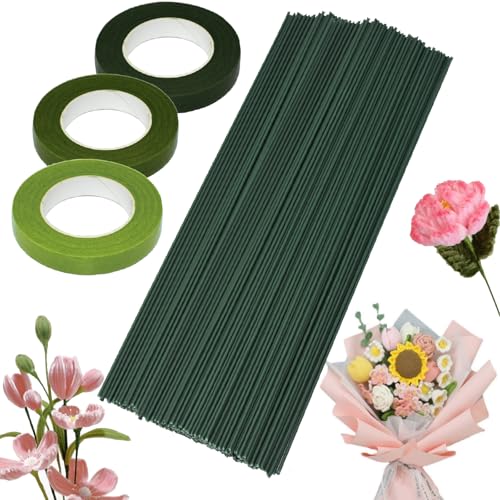 PXBSNB 150 Stück Blumendraht Grün 30cm, Blumendraht zum basteln, Floristendraht 2mm, Blumenstamm Draht Grün mit 3 Rollen Floristenband, Steckdraht Floristik für Handwerk Künstlichen von PXBSNB