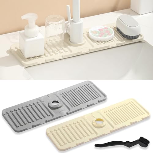 PXBSNB 2 Stück Abtropfmatte Silikon Wasserhahn, Spritzschutz Abtropfmatte Spüle, Klappbare Sink Mat mit Bürsten, Waschbecken Silikonmatte für Küche und Badezimmer Arbeitsplatte Schützen(Grau,Beige) von PXBSNB