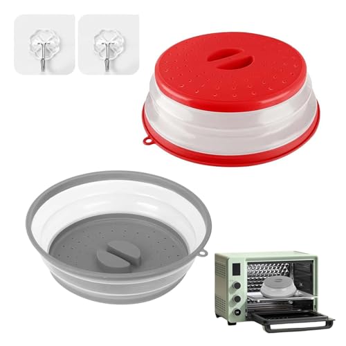 PXRLMYF 2 Stück Mikrowellen Abdeckung Faltbar Microwave Cover mit Haken Abdeckhaube Mikrowellen mit Sieb für Obst, Gemüse,27cm (Grau + Rot) von PXRLMYF