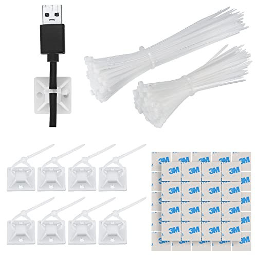 GOLDEROC 200 Stück kabelbinder weiß mit 100 Stück kabelklemmen selbstklebend Basishalter Kabelclips mit starken cable management Set Halter Kabelhalterung für Hause und Büro von GOLDEROC