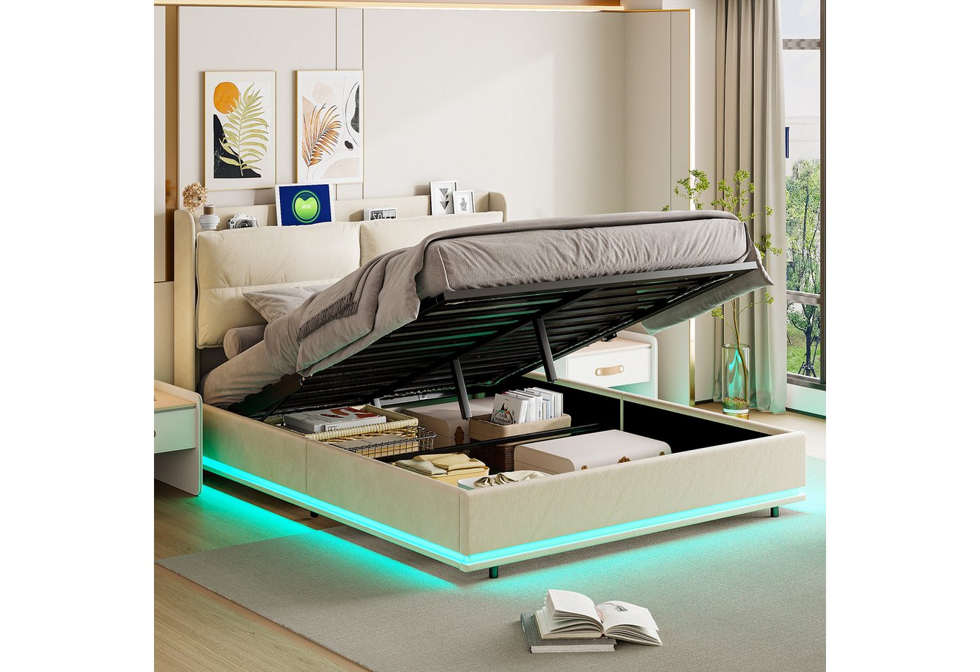 PXloue Bett Polsterbett Hydraulisches Stauraumbett Doppelbett, Kopfteil mit Drahtloses Aufladen, Lattenroste und Bettkästen, 160x200 von PXloue