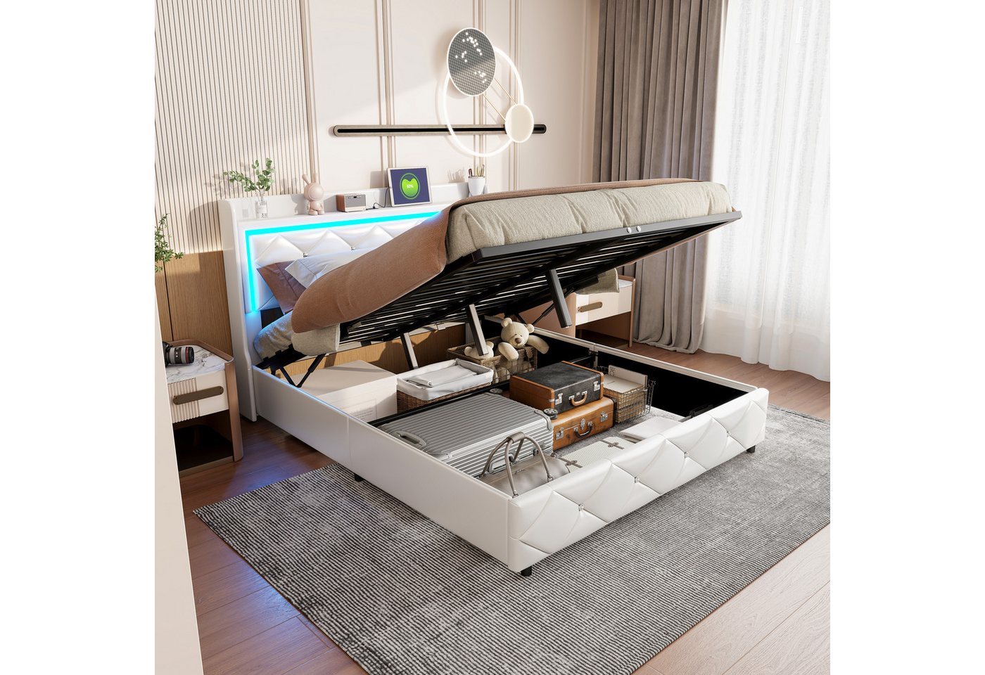 PXloue Bett Polsterbett LED Doppelbett (Kopfteil inklusive 2 USB-Anschlüsse und 1 Typ-C-Ladeport), mit Hydraulischer Hubbettkasten und Lattenrost,Kunstleder,160x200 cm von PXloue