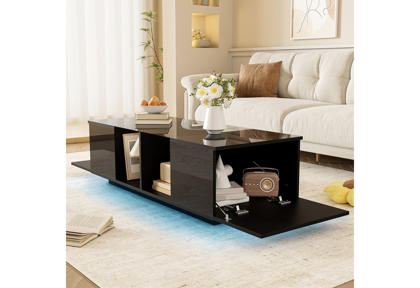 PXloue Couchtisch Ablagetisch LED Beistelltisch Breite 120/104 cm (Hochglänzender quadratischer, 120x50x38.5 cm), Mit Glasplatte und 16-farbigen variablen LED-Leuchten von PXloue