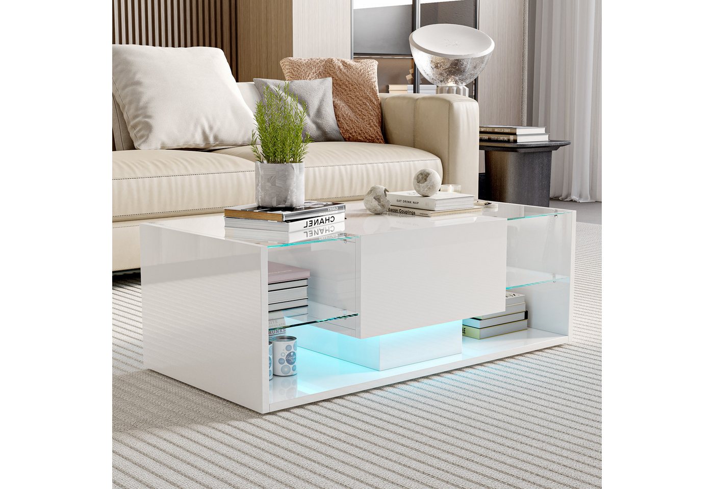 PXloue Couchtisch LED-Couchtisch mit Stauraum und modernem Design (Hochglänzender), Praktischer Tisch mit Schubladen und integrierter Beleuchtung von PXloue