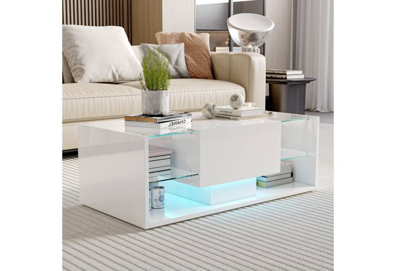 PXloue Couchtisch LED-Couchtisch mit Stauraum und modernem Design (Hochglänzender), Praktischer Tisch mit Schubladen und integrierter Beleuchtung von PXloue