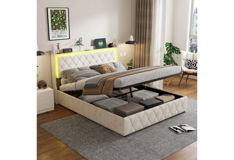 PXloue Funktionsbett Polsterbett, Hydraulisches Doppelbett, mit LED-Leisten, Samtbezug, 140x200 PXloue Funktionsbett Polsterbett, Hydraulisches Doppelbett, mit LED-Leisten, Samtbezug, 140x200 von PXloue