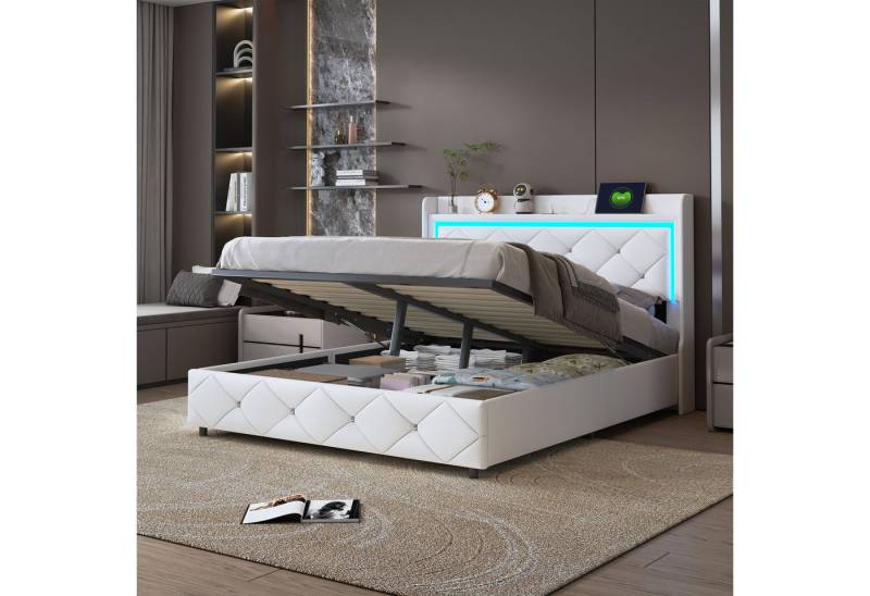 PXloue Funktionsbett Polsterbett Stauraumbett, mit Hydraulischer Hubbettkasten und Lattenrost,Kunstleder,160x200 cm von PXloue