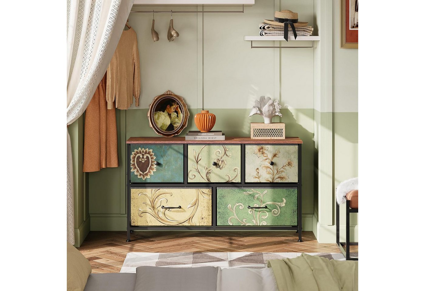 PXloue Kommode Sideboard Schubkastenkommode, 5 Schubladen, Retro-Stil, Blumenstoff, Breite 100cm PXloue Kommode Sideboard Schubkastenkommode, 5 Schubladen, Retro-Stil, Blumenstoff, Breite 100cm von PXloue
