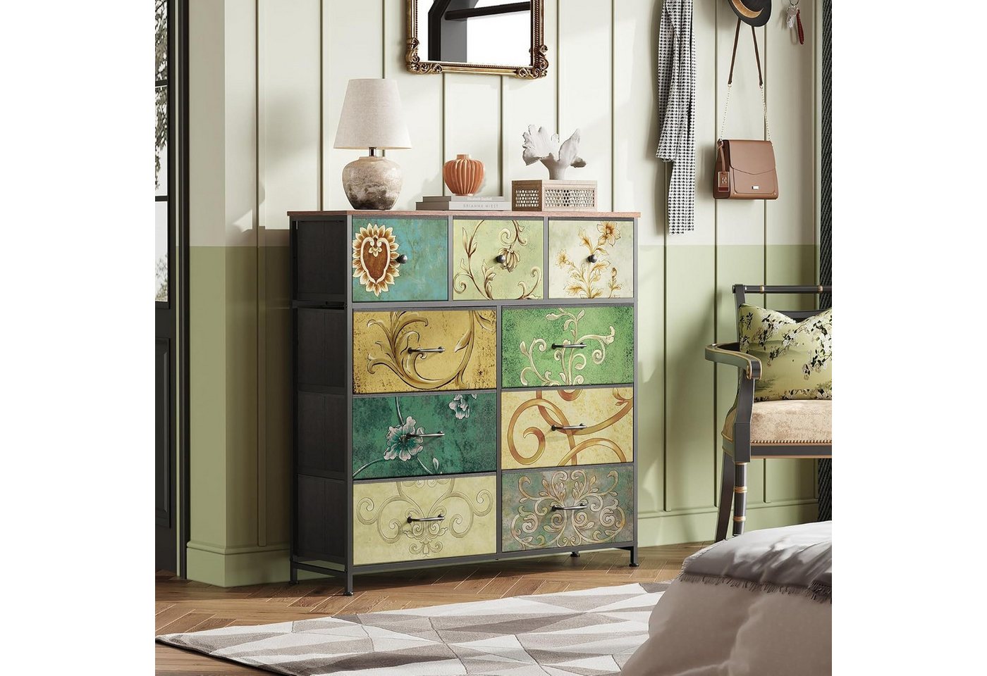 PXloue Kommode Sideboard Schubkastenkommode, 9 Schubladen, Retro-Stil, Blumenstoff, Breite 100cm PXloue Kommode Sideboard Schubkastenkommode, 9 Schubladen, Retro-Stil, Blumenstoff, Breite 100cm von PXloue
