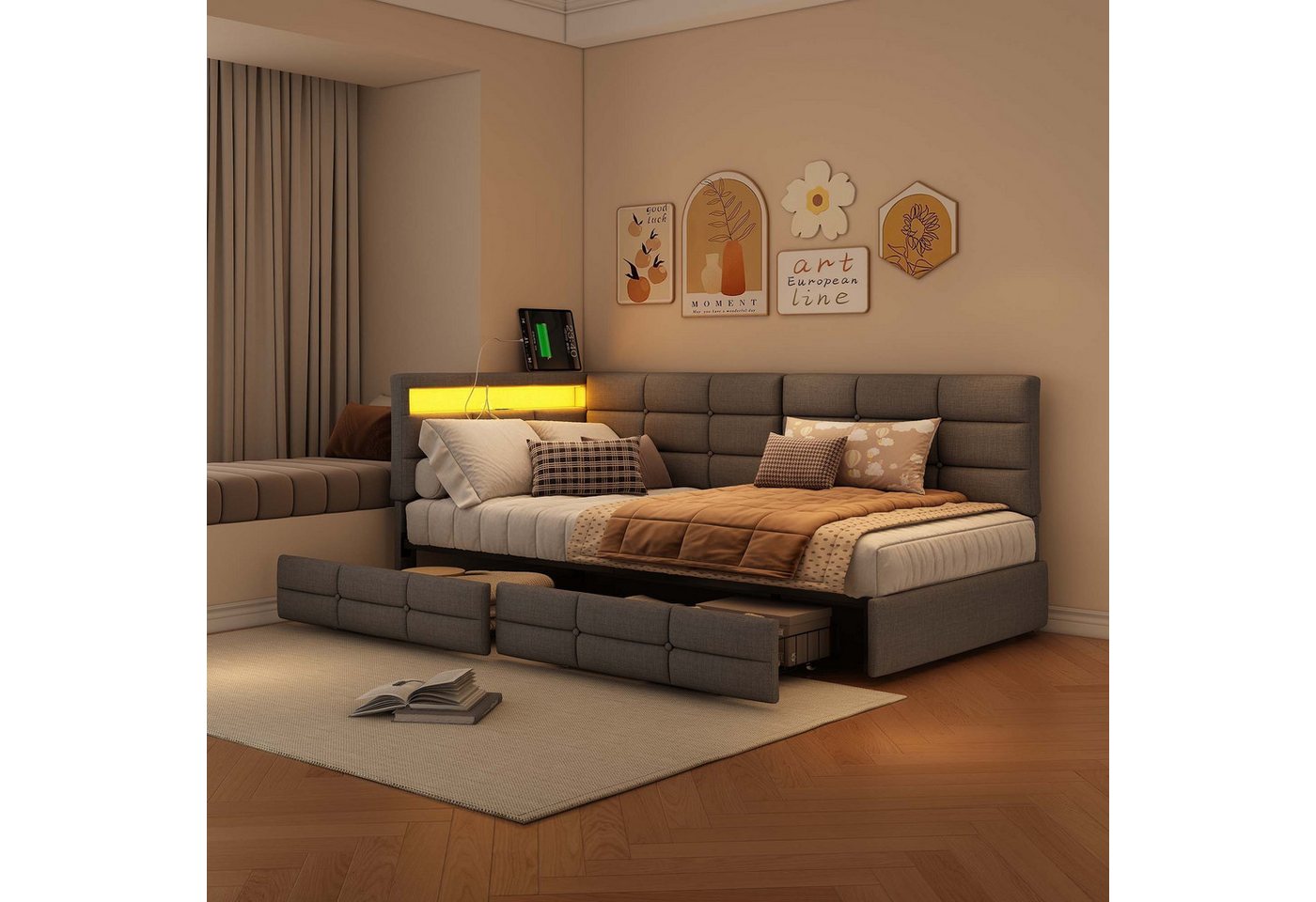 PXloue Polsterbett Daybett Tagesbett, Schlafsofa,2 Schubladen, Mit LED und USB-Ladeanschluss,90x200 cm von PXloue