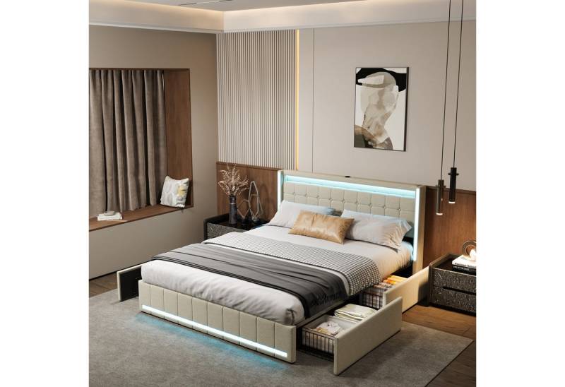 PXloue Polsterbett Design Bett Stauraumbett Doppelbett Leinen mit LED Licht (Geeignet für Jugendliche und Erwachsene), mit Lattenrost und 4 Schubladen,140x200 cm, Max. Belastbarkeit 350 kg von PXloue