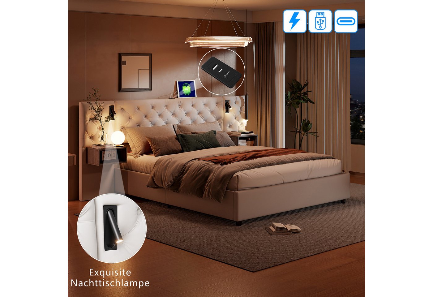 PXloue Polsterbett Doppelbett 160×200cm mit 2 Nachttische 4 Schublade Leselicht USB-Laden (Stahlrahmen mit Hydraulisch anhebbarer Bettstauraum Holz-Lattenrost), 2 x Nachttischschublade+Leselicht, USB/Type-C Anschlüssen, 140x200 cm von PXloue