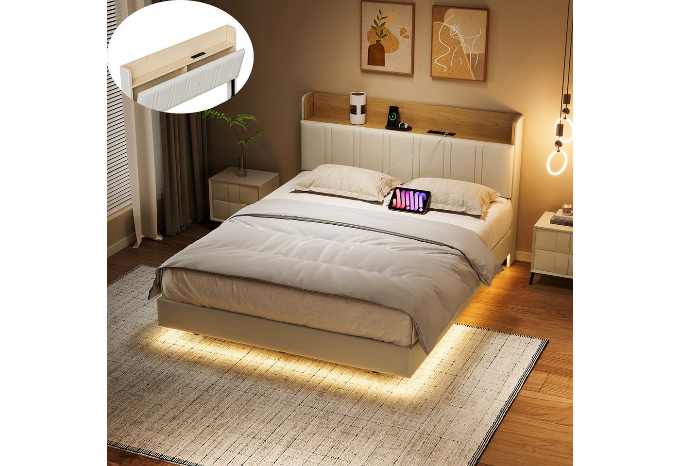 PXloue Polsterbett Doppelbett Jugendbett (Kopfteil mit Stauraum), Stauraumbett, mit LED Beleuchtung und Lattenrost, 140x200 cm von PXloue