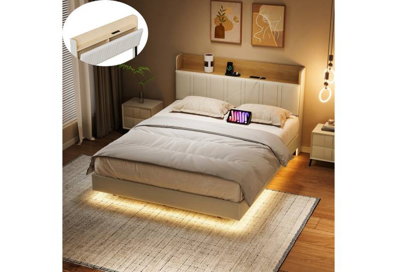 PXloue Polsterbett Doppelbett Jugendbett (Kopfteil mit Stauraum), Stauraumbett, mit LED Beleuchtung und Lattenrost, 140x200 cm von PXloue