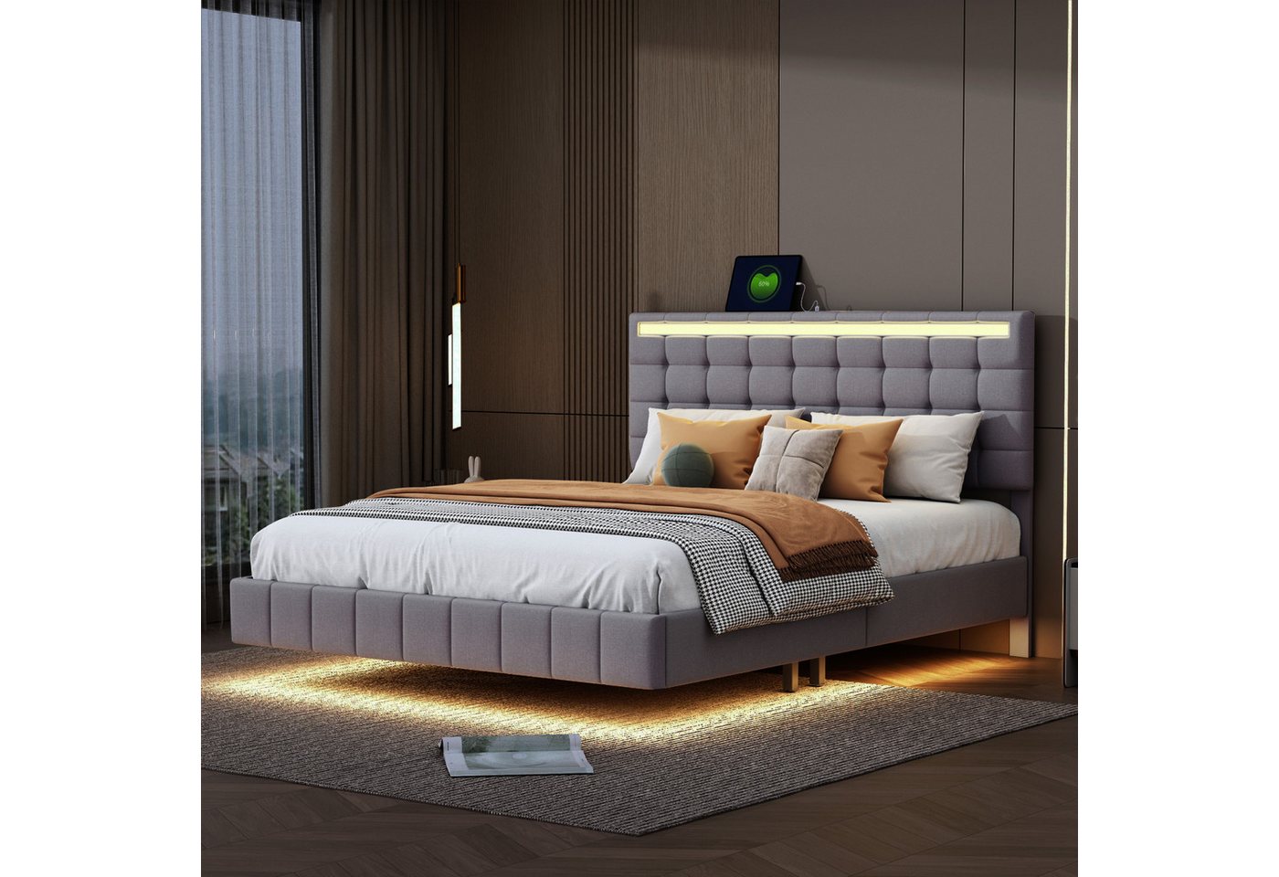 PXloue Polsterbett Doppelbett Jugendbett (Mit 2 USB-Ladeschnittstelle), mit LED Beleuchtung und Lattenrost,Leinen,160x200 cm von PXloue
