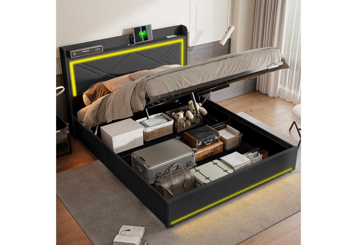 PXloue Polsterbett Doppelbett Stauraumbett (2 USB-Anschlüsse und 1 Typ-C-Ladeport), Polsterbett 160x200,Hydraulischer Hubbettkasten und Lattenrost von PXloue