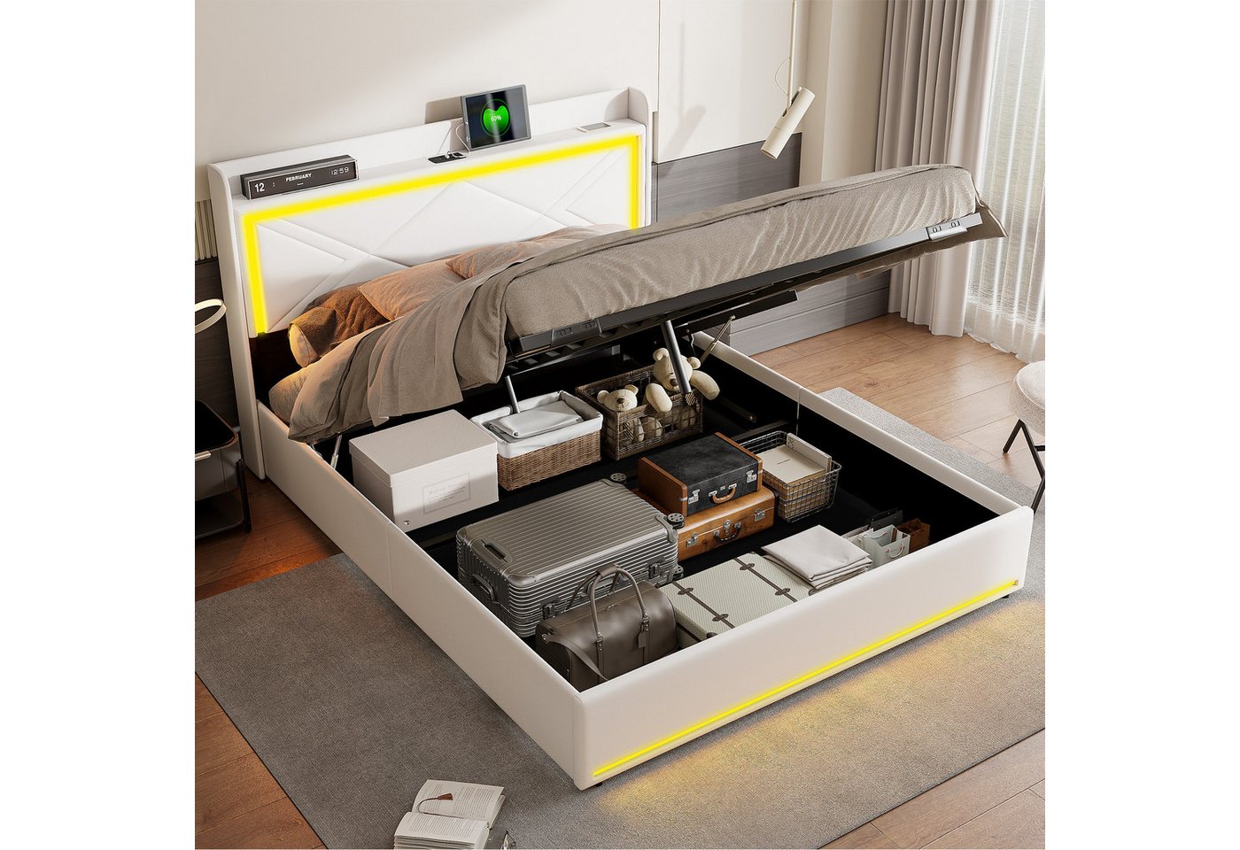 PXloue Polsterbett Doppelbett Stauraumbett (2 USB-Anschlüsse und 1 Typ-C-Ladeport), Polsterbett 160x200,Hydraulischer Hubbettkasten und Lattenrost von PXloue