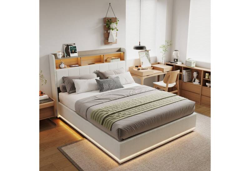 PXloue Polsterbett Doppelbett Stauraumbett (Kopfteil mit stauraum), Funktionsbett,mit LED-Beleuchtung und Lattenrost,Samt,140x200 cm von PXloue