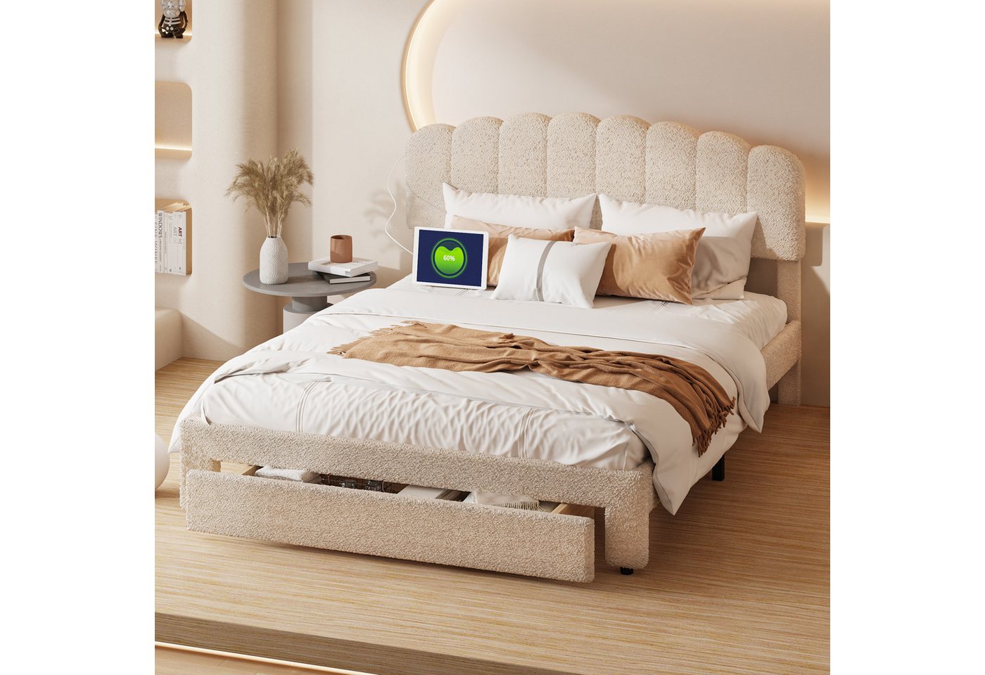 PXloue Polsterbett Doppelbett Stauraumbett (höhenverstellbarem Kopfteil), mit USB/Type-C Anschlüssen und Schublade, 160x200cm, Teddysamt von PXloue