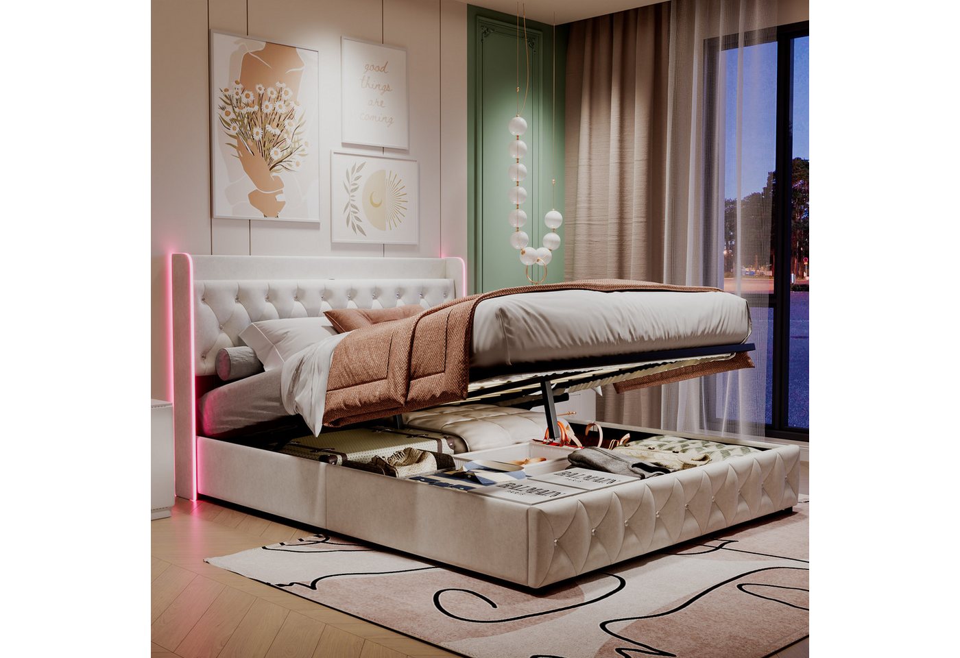 PXloue Polsterbett Doppelbett mit LED Licht 140x200cm,Hydraulisch anhebbarer Stauraumbett (Mit Lattenrost und Ladefunktion, Leinenmaterial Polsterbett), Modernes Jugendbett, Leises Design Bett, Max. Belastbarkeit 350 kg von PXloue