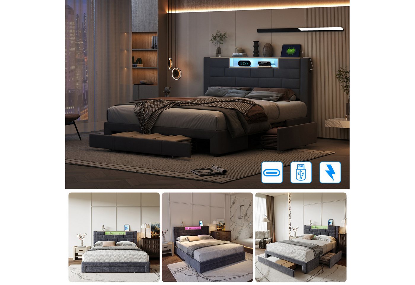 PXloue Polsterbett Doppelbett mit LED Licht 140x200cm (Mit Lattenrost und Ladefunktion, 3 schubladen), Modernes Jugendbett, Leises Design Bett, Max. Belastbarkeit 300 kg von PXloue