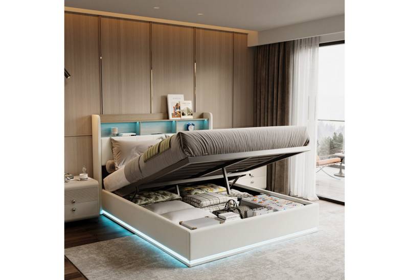 PXloue Polsterbett Doppelbett mit Stauraum (Funktionsbett), mit Kopfteil-Stauraum, LED-Beleuchtung, Samt, 160x200 cm von PXloue