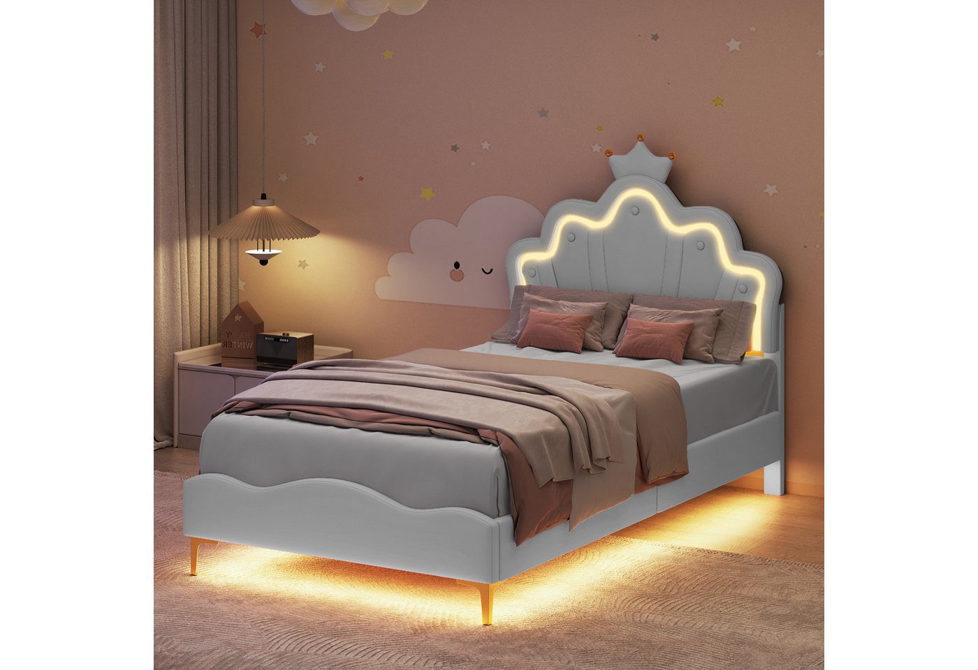PXloue Polsterbett Einzelbett Kinderbett (Ideal für ein Märchenhaftes Kinderzimmer), LED Kopfteil in Blumenform,mit Lattenrost und Metallbeinen,90x200cm von PXloue