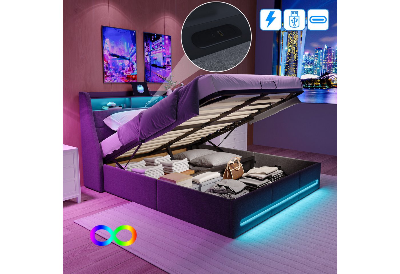 PXloue Polsterbett Funktionsbett Stauraumbett, Doppelbett,Hydraulischer Hubbettkasten und Lattenrost,Leinen,160x200cm von PXloue