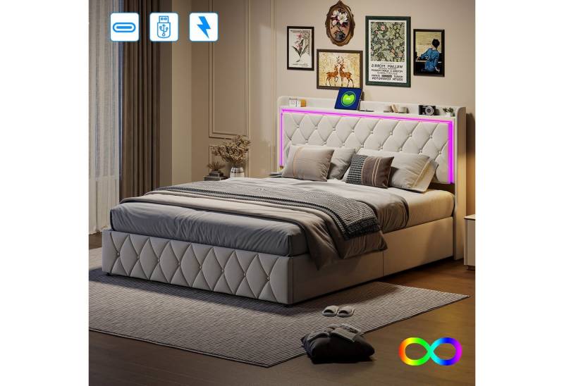PXloue Polsterbett Funktionsbett Stauraumbett (2 USB-Anschlüsse und 1 Typ-C-Ladeport), Doppelbett,Hydraulischer Hubbettkasten und Lattenrost,Samt,140x200cm von PXloue