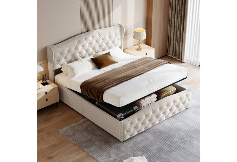 PXloue Polsterbett Hydraulisches Stauraumbett Doppelbett, mit Kopfteil und Lattenrost, Beige, Samt, 140x200 cm von PXloue
