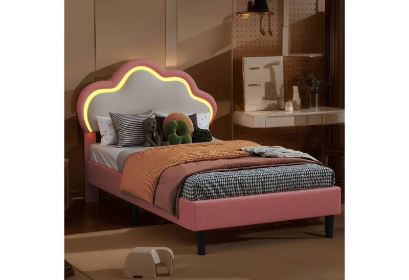 PXloue Polsterbett Kinderbett Jugendbett (Kopfteil hochstellbar), Doppelbett,Wolkenförmiges Kopfteil,mit LED und Lattenrost,90x200cm von PXloue