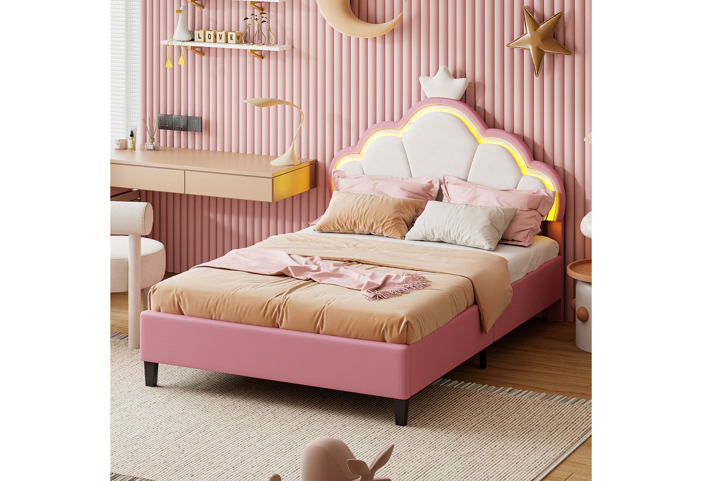PXloue Polsterbett Kinderbett Jugendbett (Kopfteil hochstellbar), Doppelbett,kronenförmige-Kopfteil,mit LED und Lattenrost,90x200cm von PXloue
