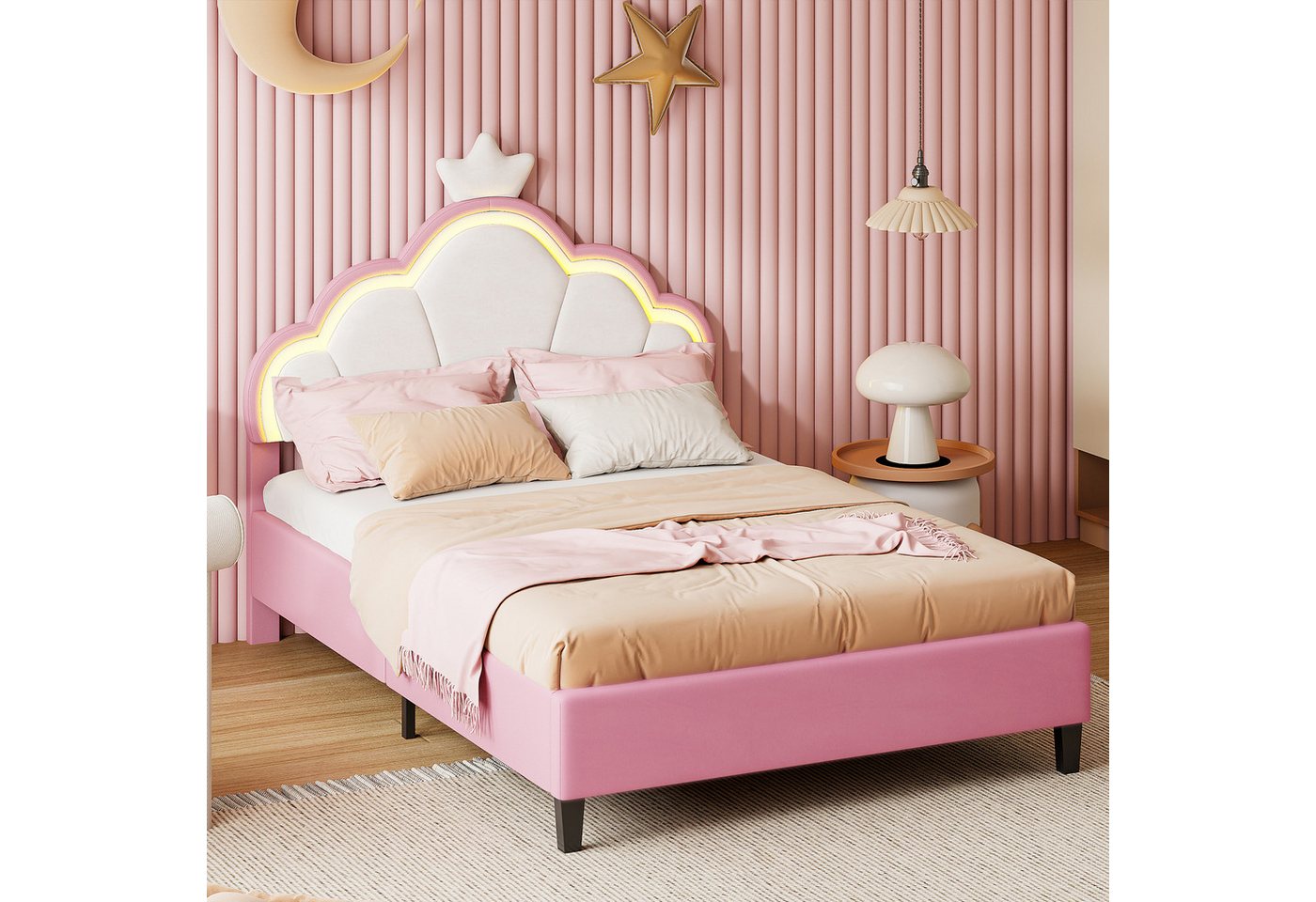 PXloue Polsterbett Kinderbett mit LED-Beleuchtung und Krönchen-Design (Kopfteil hochstellbar), Rosa Polsterbett mit LED-Beleuchtung und Krönchen-Design. von PXloue