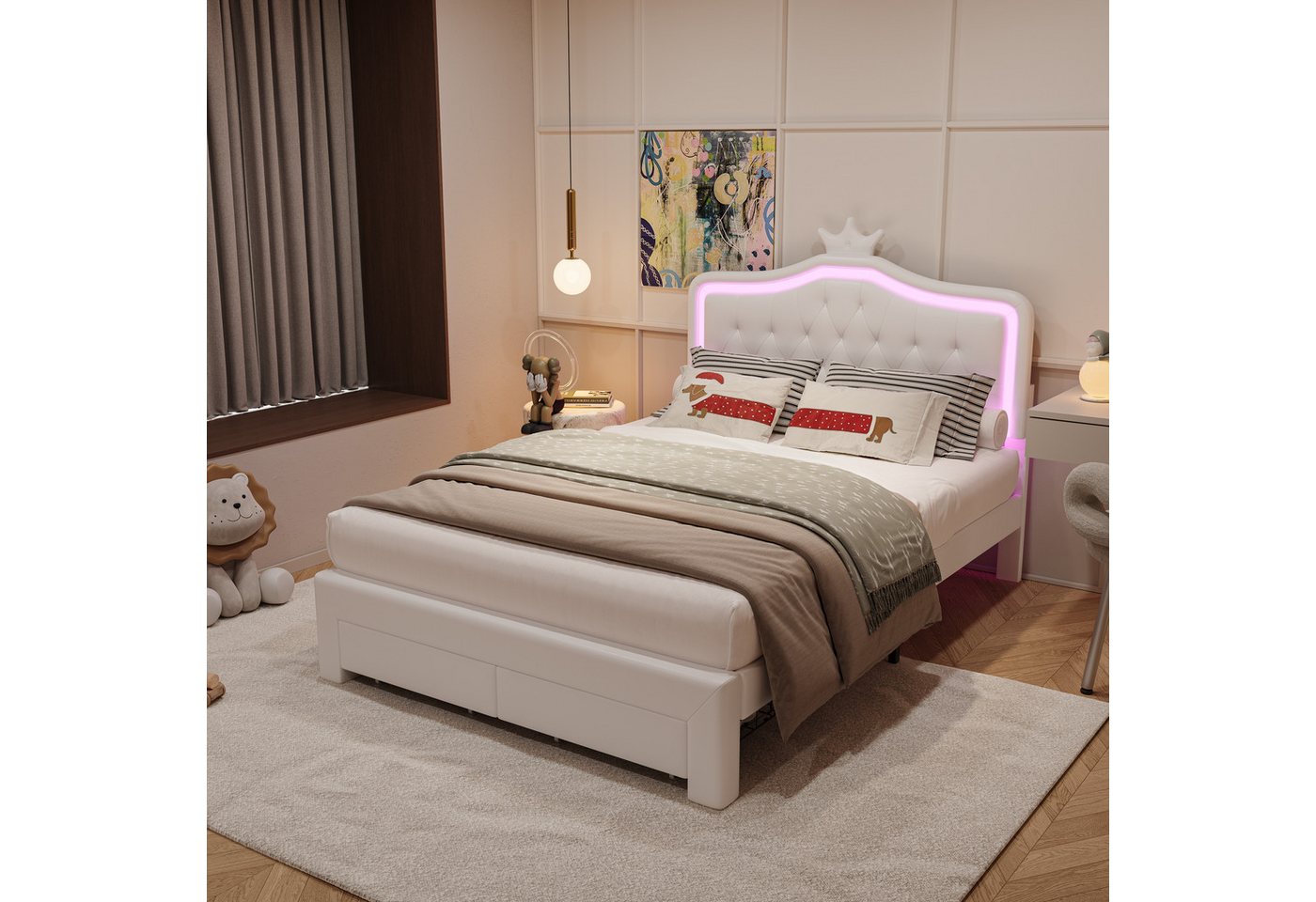 PXloue Polsterbett Kinderbett mit niedlichem Kopfteil und praktischer Schublade (Kopfteil hochstellbar), Modernes Design mit viel Stauraum für das Kinderzimmer 140x200 von PXloue