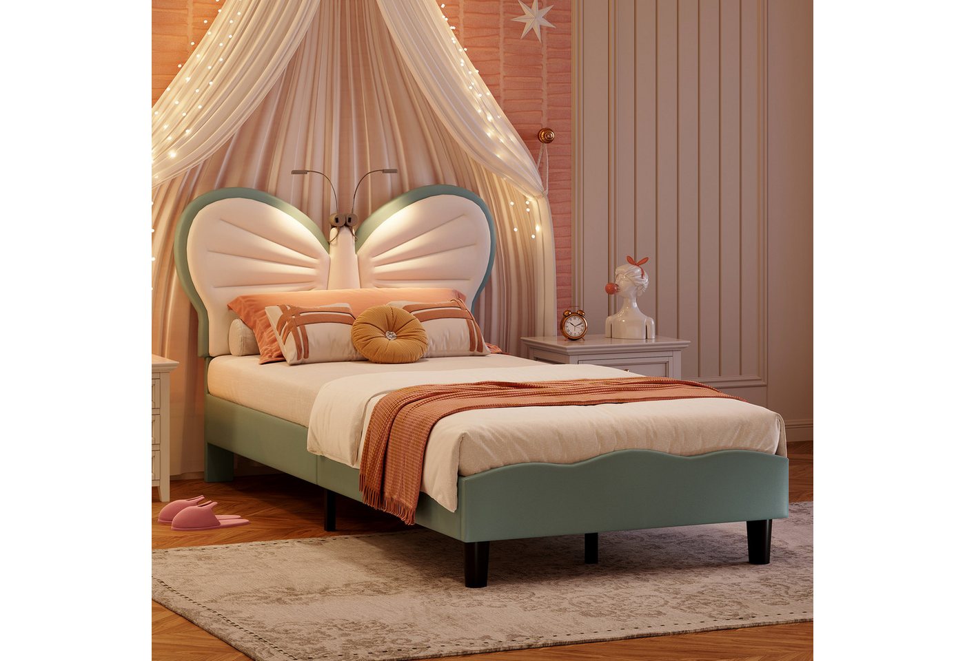 PXloue Polsterbett LED Beleuchtung Kinderbett Einzelbett Schleife am Kopfteil 90x200cm, Leselampe, Lattenrost, Samt, 90x200cm PXloue Polsterbett LED Beleuchtung Kinderbett Einzelbett Schleife am Kopfteil 90x200cm, Leselampe, Lattenrost, Samt, 90x200cm von PXloue