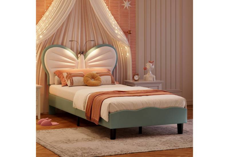 PXloue Polsterbett LED Beleuchtung Kinderbett Einzelbett Schleife am Kopfteil 90x200cm, Leselampe, Lattenrost, Samt, 90x200cm PXloue Polsterbett LED Beleuchtung Kinderbett Einzelbett Schleife am Kopfteil 90x200cm, Leselampe, Lattenrost, Samt, 90x200cm von PXloue