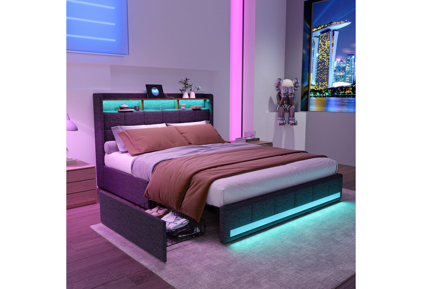 PXloue Polsterbett LED Doppelbett, mit USB-Laden und Stauraum am Kopfteil,Leinen,140x200 cm von PXloue