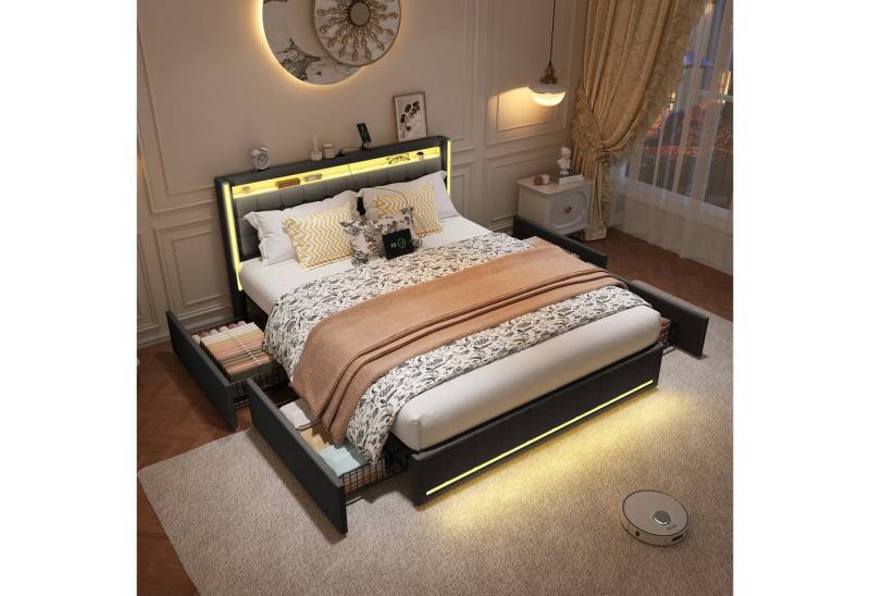 PXloue Polsterbett LED Doppelbett 140x200cm mit Ladefunktion und 4 Schubladen Polsterbett (Geeignet für Jugendliche und Erwachsene), mit RGB-LED, Lattenrost und praktischen Schubladen, 160x200 von PXloue
