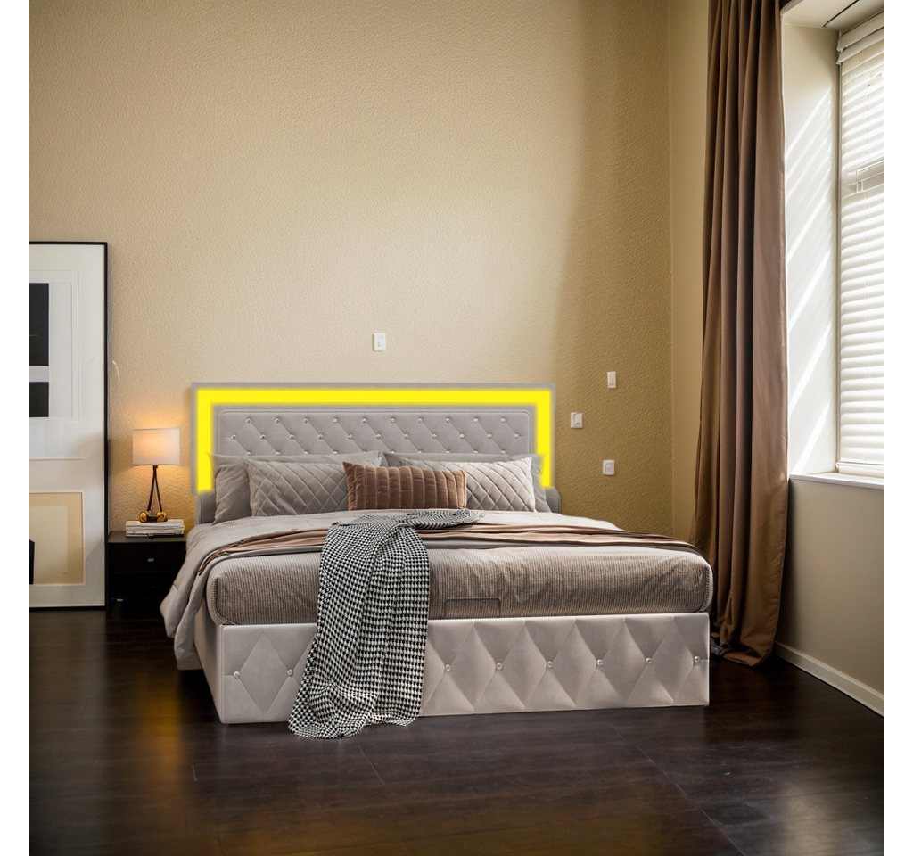 PXloue Polsterbett Bett 140x200 mit Lattenrost Hydraulisch anhebbarer Stauraumbett (Inklusive höhenverstellbarem Kopfteil), Design Bett 140x200 cm, mit LED-Beleuchtung und Lattenrost, Samt von PXloue