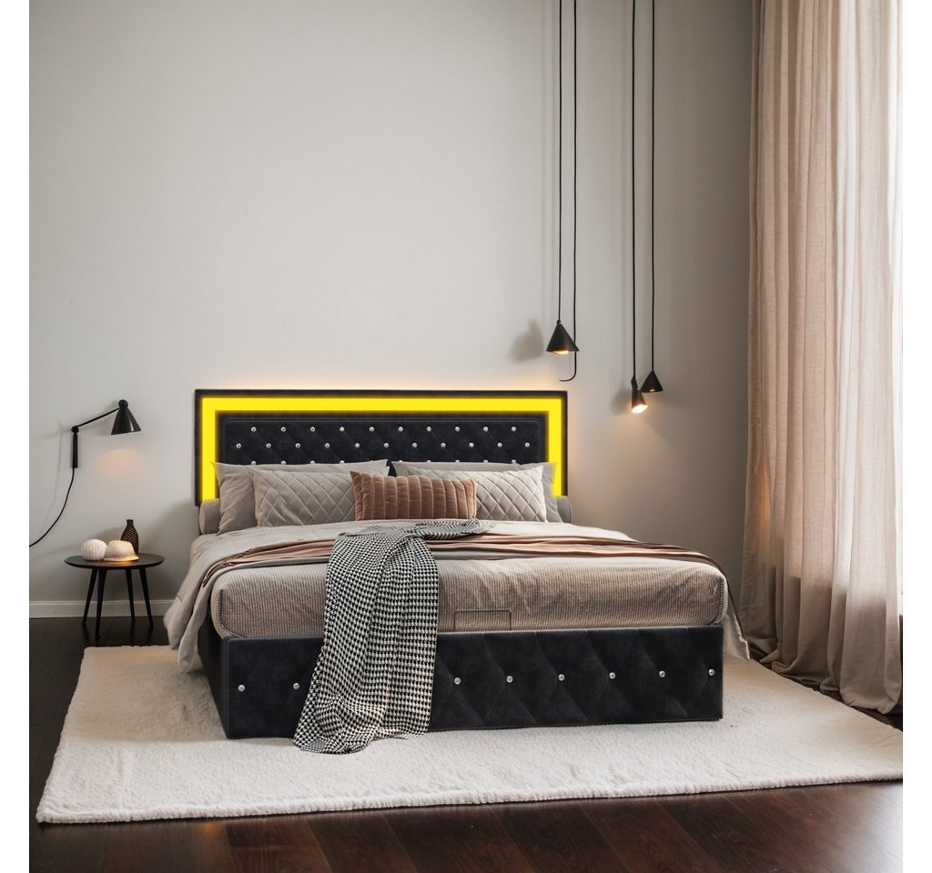 PXloue Polsterbett Bett 140x200 mit Lattenrost Hydraulisch anhebbarer Stauraumbett (Inklusive höhenverstellbarem Kopfteil), bett 160x200, Design Bett, mit LED-Beleuchtung und Lattenrost, Samt von PXloue