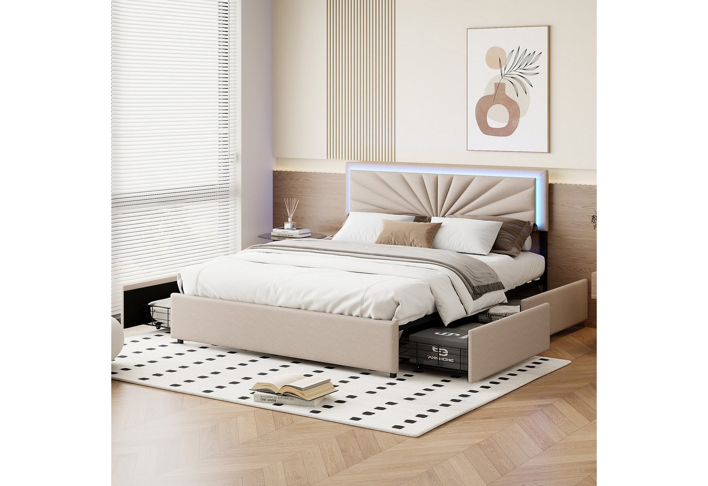 PXloue Polsterbett LED Doppelbett mit 4 Schublade (Für Jugendliche geeignet), mit LED-Beleuchtung,Lattenrost und Rückenlehne,140x200 cm von PXloue