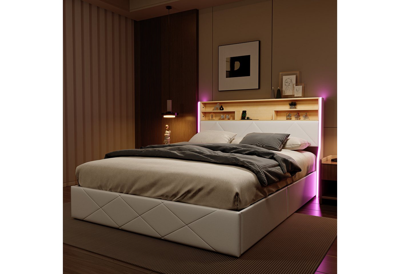 PXloue Polsterbett LED hydraulisches Doppelbett (Kopfteil mit integrierter kabelloser Ladefunktion), Boxspringbett, mit Stauraum und integrierter Beleuchtung,140x200 cm von PXloue
