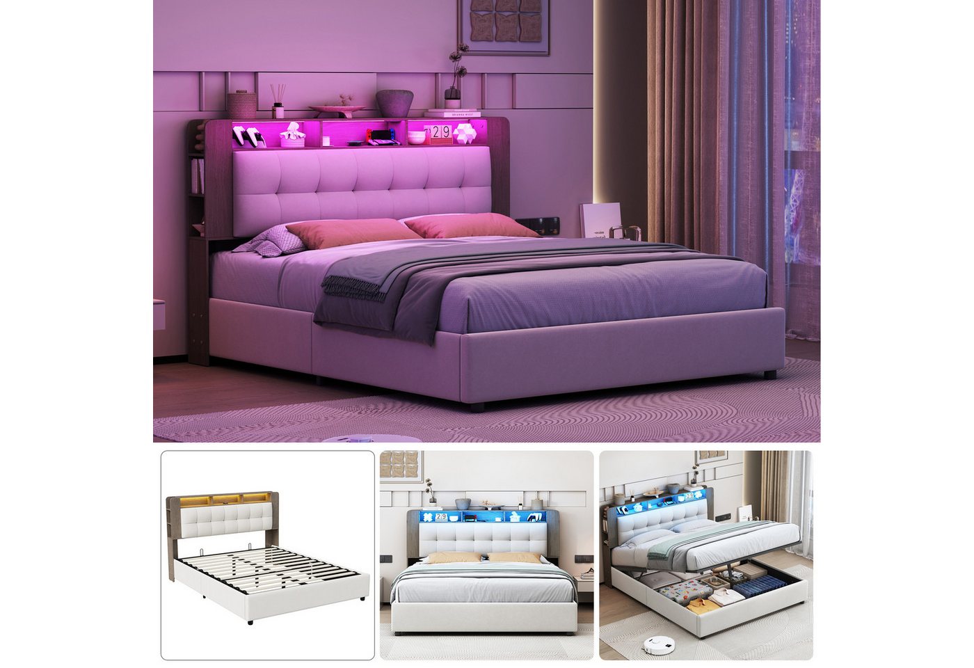 PXloue Polsterbett LED hydraulisches Doppelbett (Kopfteil mit integrierter kabelloser Ladefunktion), Boxspringbett, mit Stauraum und integrierter Beleuchtung,140x200 cm von PXloue