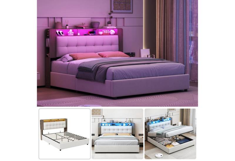 PXloue Polsterbett LED hydraulisches Doppelbett (Kopfteil mit integrierter kabelloser Ladefunktion), Boxspringbett, mit Stauraum und integrierter Beleuchtung,140x200 cm von PXloue